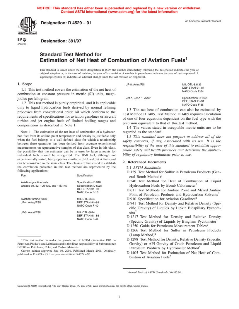 ASTM D4529-01 - Standard Test Method for Estimation of Net Heat of Combustion of Aviation Fuels