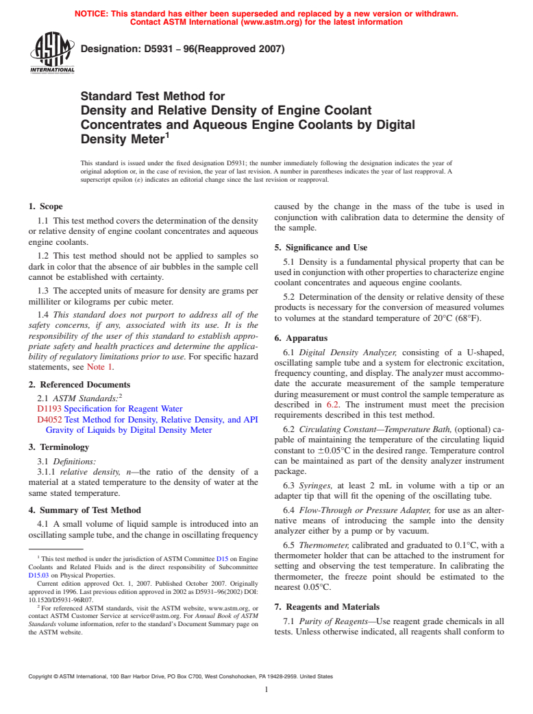 ASTM D5931-96(2007) - Standard Test Method for Density and Relative Density of Engine Coolant Concentrates and Aqueous Engine Coolants by Digital Density Meter