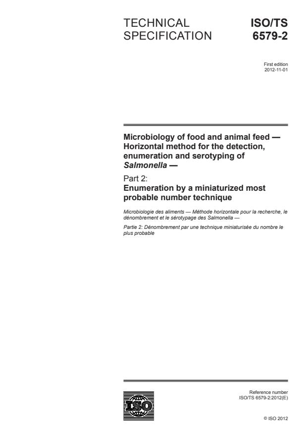 ISO/TS 6579-2:2012 - Microbiology of food and animal feed -- Horizontal method for the detection, enumeration and serotyping of Salmonella