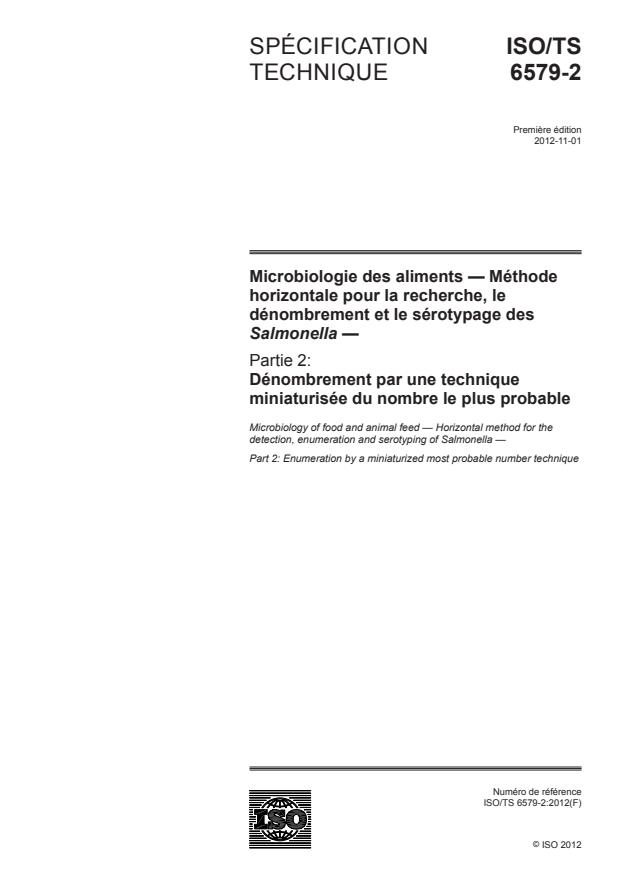 ISO/TS 6579-2:2012 - Microbiologie des aliments -- Méthode horizontale pour la recherche, le dénombrement et le sérotypage des salmonella