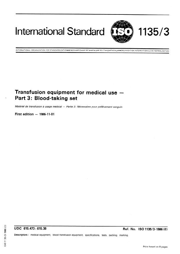 ISO 1135-3:1986 - Transfusion equipment for medical use