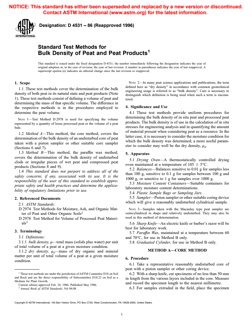 ASTM D4531-86(1996) - Standard Test Methods for Bulk Density of Peat and Peat Products