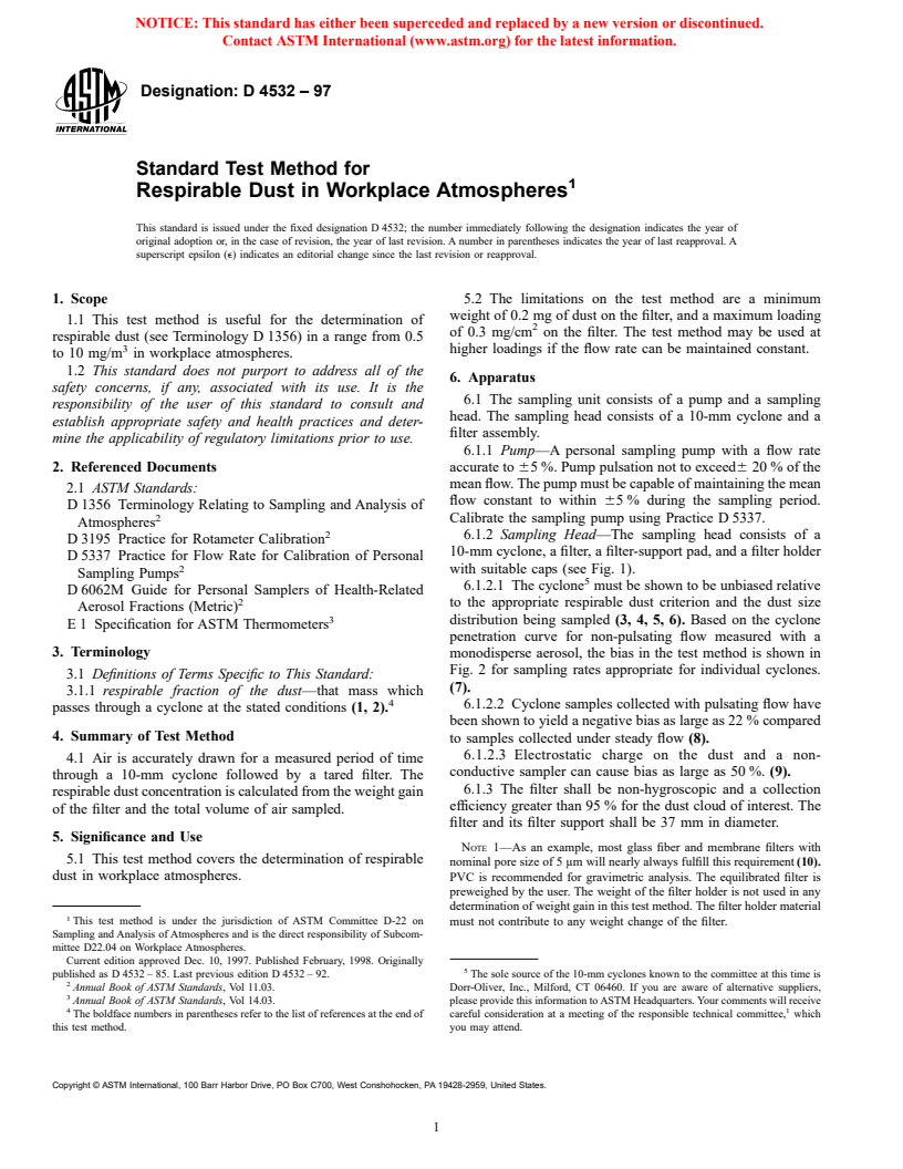 ASTM D4532-97 - Standard Test Method for Respirable Dust in Workplace Atmospheres