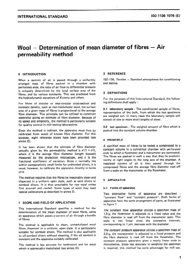 ISO 1136:1976 - Wool -- Determination of mean diameter of fibres -- Air permeability method