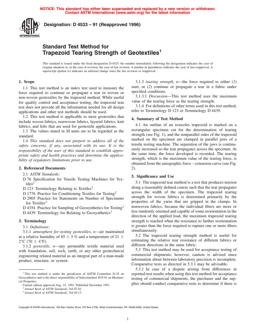 ASTM D4533-91(1996) - Standard Test Method for Trapezoid Tearing Strength of Geotextiles