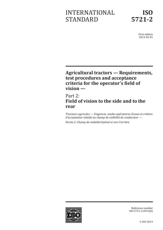 ISO 5721-2:2014 - Agricultural tractors— Requirements, test procedures and acceptance criteria for the operator's field of vision