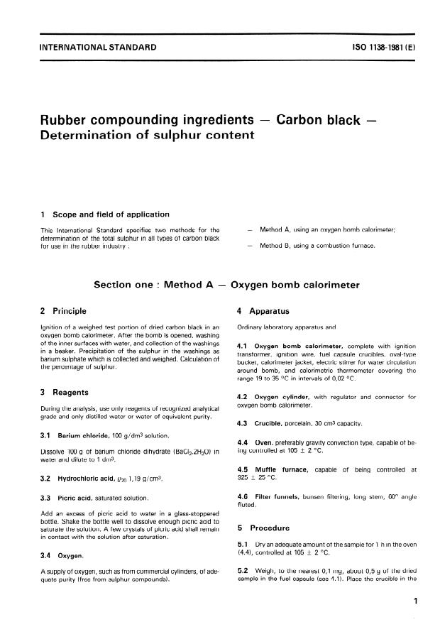 ISO 1138:1981 - Rubber compounding ingredients -- Carbon black -- Determination of sulphur content
