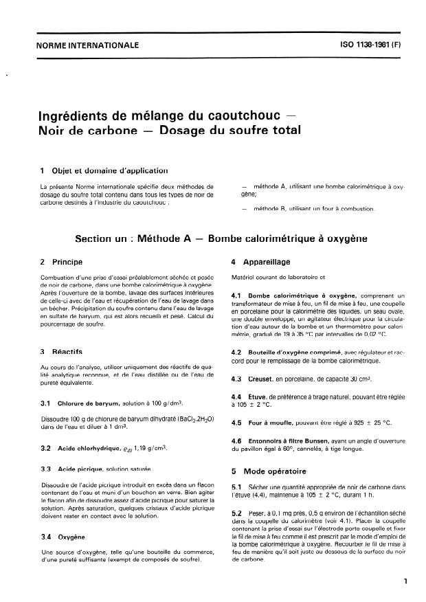 ISO 1138:1981 - Ingrédients de mélange du caoutchouc -- Noir de carbone -- Dosage du soufre total