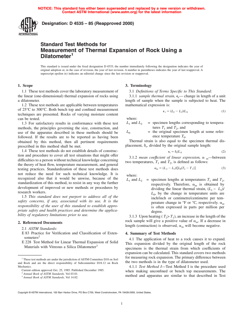 ASTM D4535-85(2000) - Standard Test Methods for Measurement of Thermal Expansion of Rock Using a Dilatometer