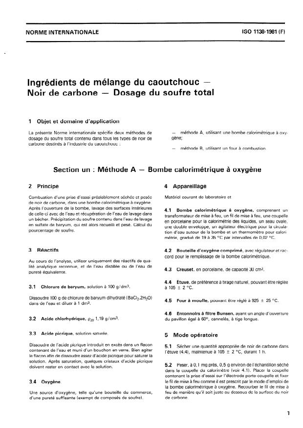 ISO 1138:1981 - Ingrédients de mélange du caoutchouc -- Noir de carbone -- Dosage du soufre total