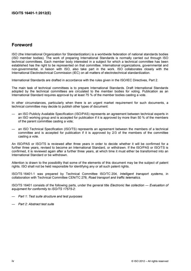 ISO/TS 16401-1:2012 ISO/TS 16401-1:2012 - Electronic fee collection -- Evaluation of equipment for conformity to ISO/TS 17575-2 - Page 4 preview