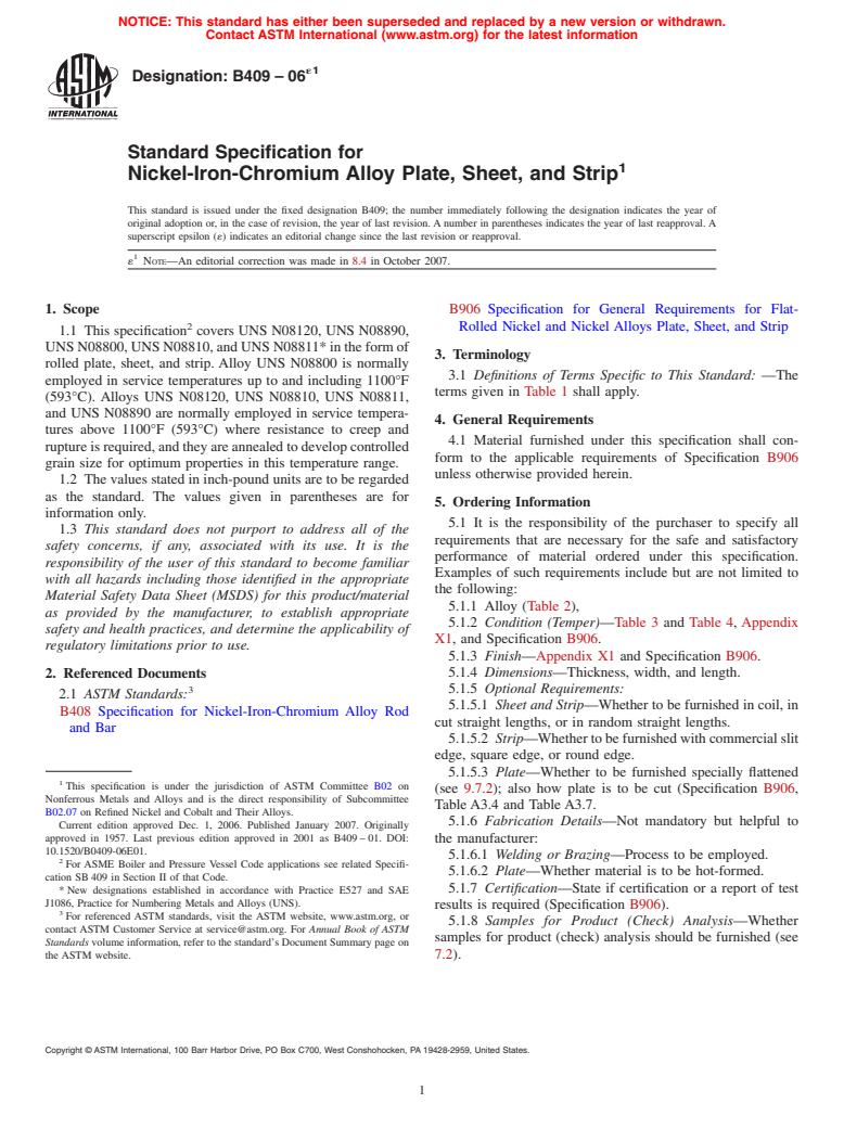 ASTM B409-06e1 - Standard Specification for Nickel-Iron-Chromium Alloy Plate, Sheet, and Strip