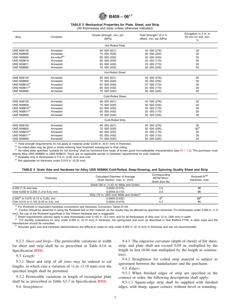 ASTM B409-06e1 - Standard Specification for Nickel-Iron-Chromium Alloy Plate, Sheet, and Strip