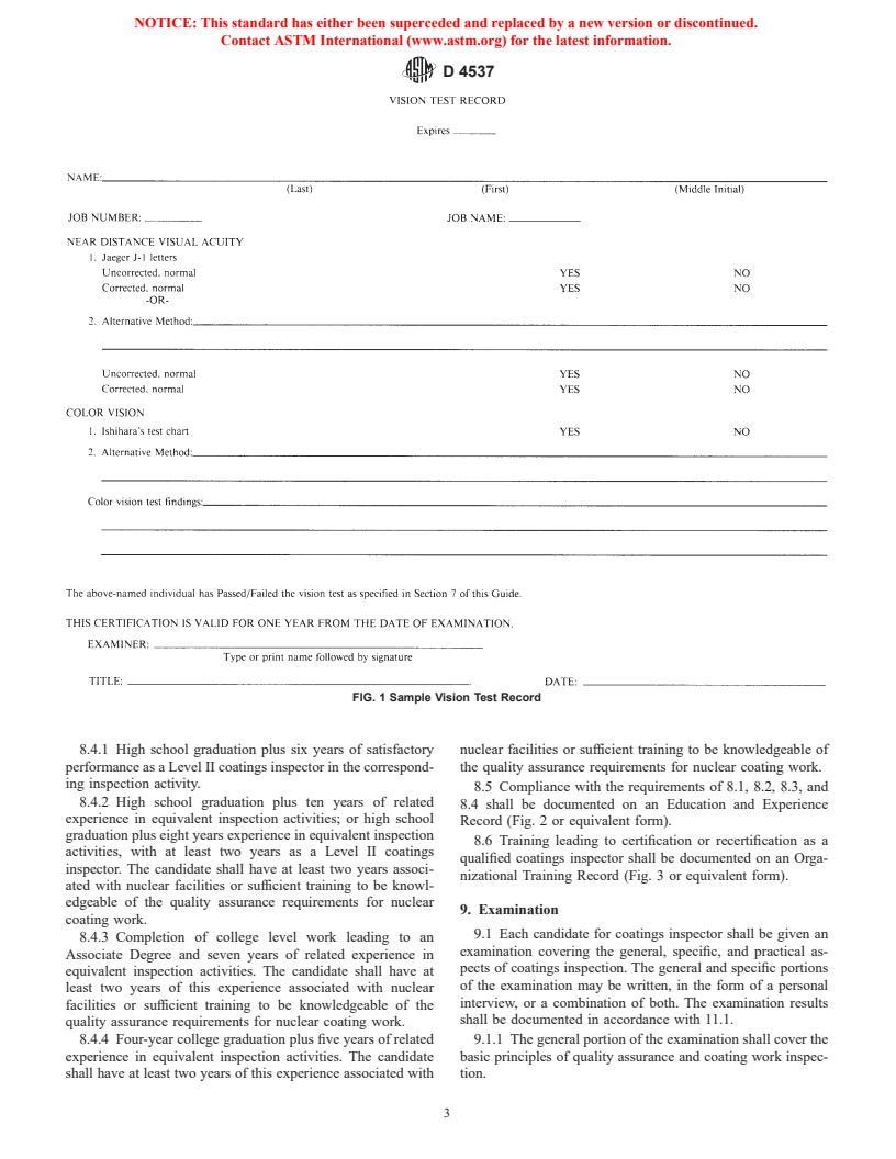 ASTM D4537-91(1996) - Standard Guide for Establishing Procedures to Qualify and Certify Inspection Personnel for Coating Work in Nuclear Facilities