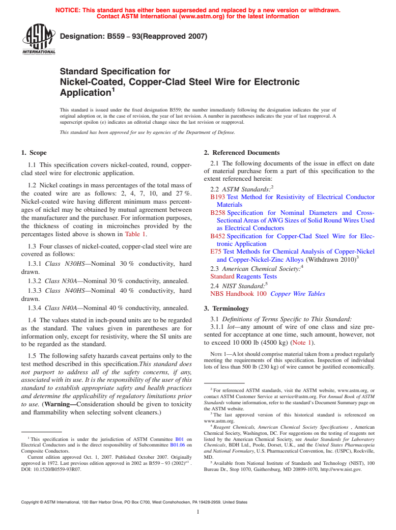 ASTM B559-93(2007) - Standard Specification for Nickel-Coated, Copper-Clad Steel Wire for Electronic Application