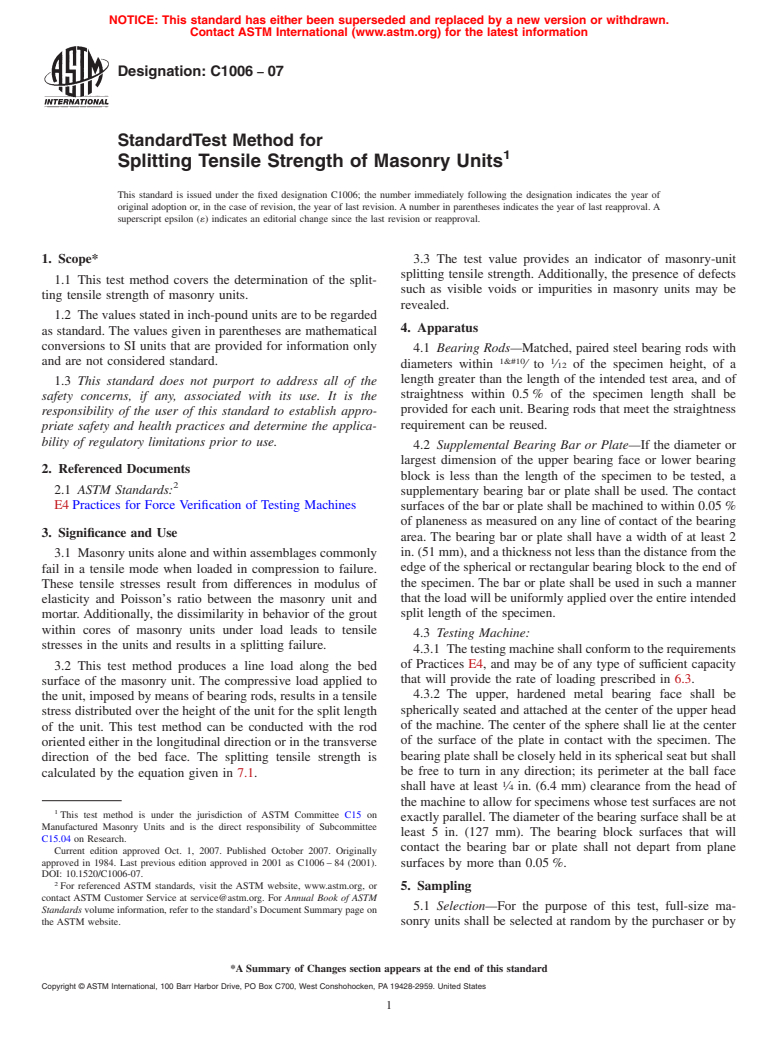 ASTM C1006-07 - Standard Test Method for Splitting Tensile Strength of Masonry Units