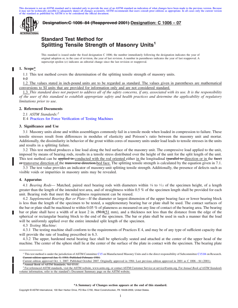 REDLINE ASTM C1006-07 - Standard Test Method for Splitting Tensile Strength of Masonry Units