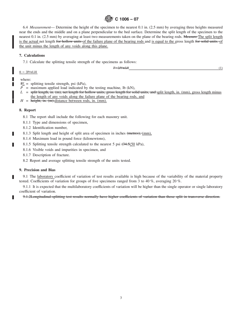 REDLINE ASTM C1006-07 - Standard Test Method for Splitting Tensile Strength of Masonry Units