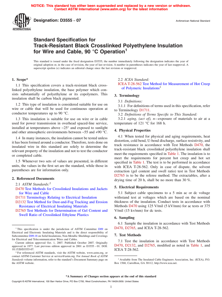 ASTM D3555-07 - Standard Specification for Track-Resistant Black Crosslinked Polyethylene Insulation for Wire and Cable, 90&#176;C Operation