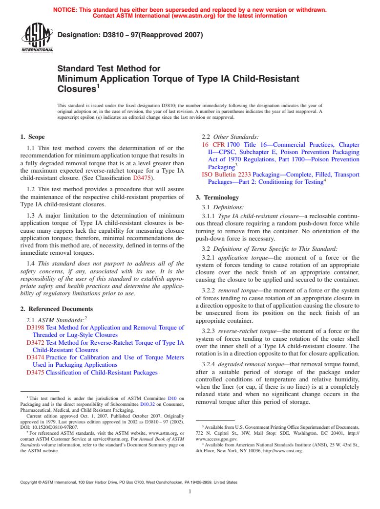 ASTM D3810-97(2007) - Standard Test Method for Minimum Application Torque of Type IA Child-Resistant Closures (Withdrawn 2016)