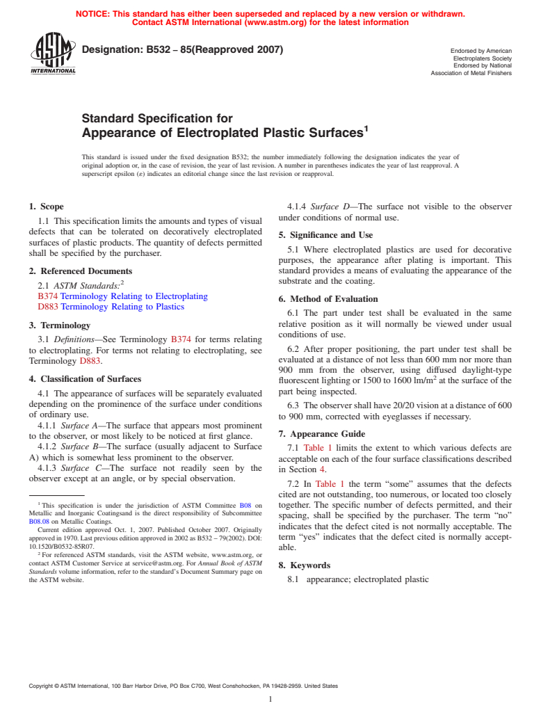 ASTM B532-85(2007) - Standard Specification for Appearance of Electroplated Plastic Surfaces