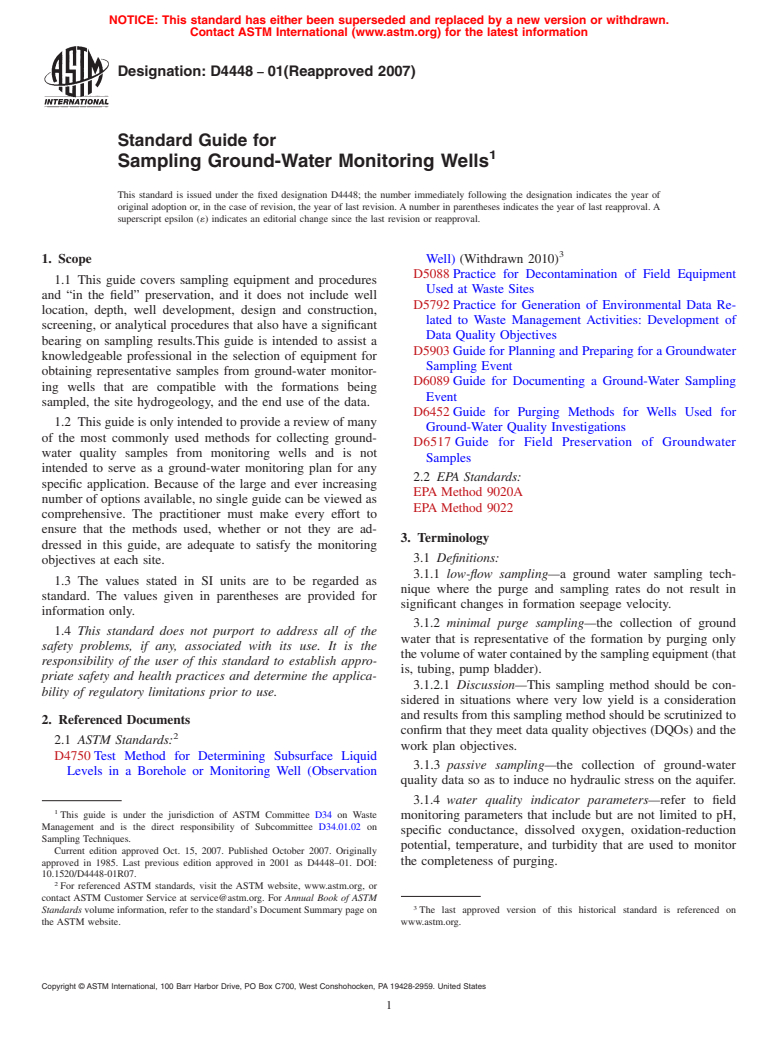 ASTM D4448-01(2007) - Standard Guide for Sampling Ground-Water Monitoring Wells