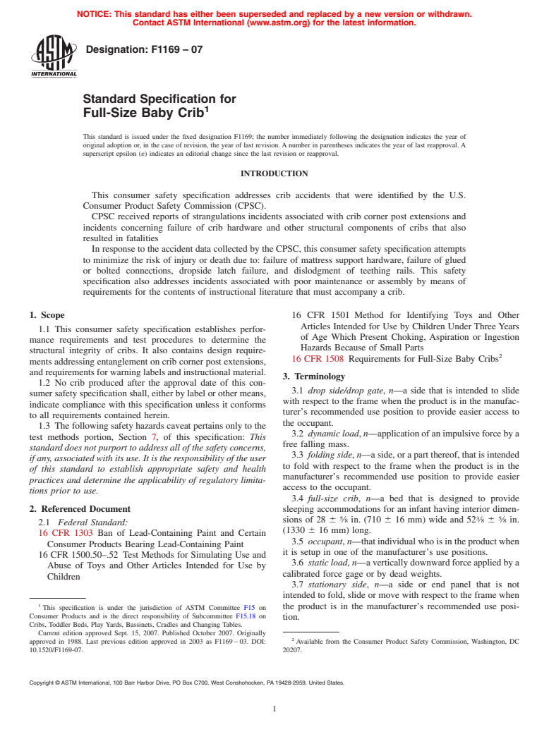 ASTM F1169-07 - Standard Specification for Full-Size Baby Crib