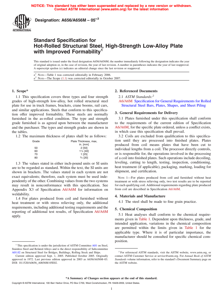 ASTM A656/A656M-05e2 - Standard Specification for Hot-Rolled Structural Steel, High-Strength Low-Alloy Plate with Improved Formability