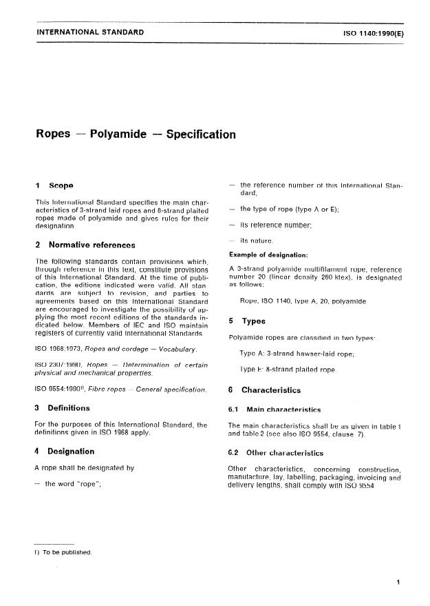 ISO 1140:1990 - Ropes -- Polyamide -- Specification