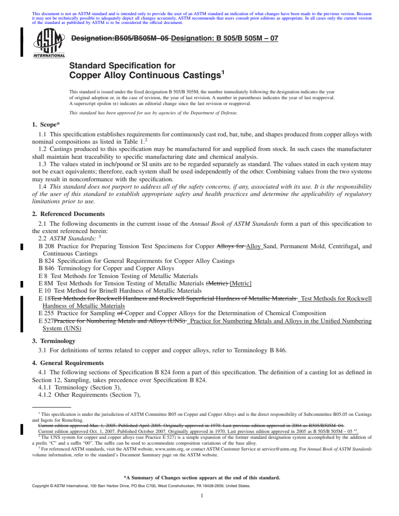 REDLINE ASTM B505/B505M-07 - Standard Specification for Copper Alloy Continuous Castings