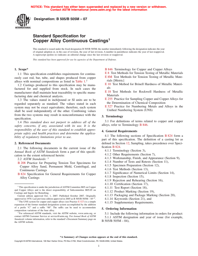 ASTM B505/B505M-07 - Standard Specification for Copper Alloy Continuous Castings