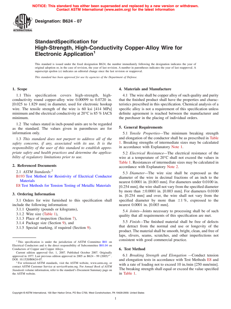 ASTM B624-07 - Standard Specification for High-Strength, High-Conductivity Copper-Alloy Wire for Electronic Application