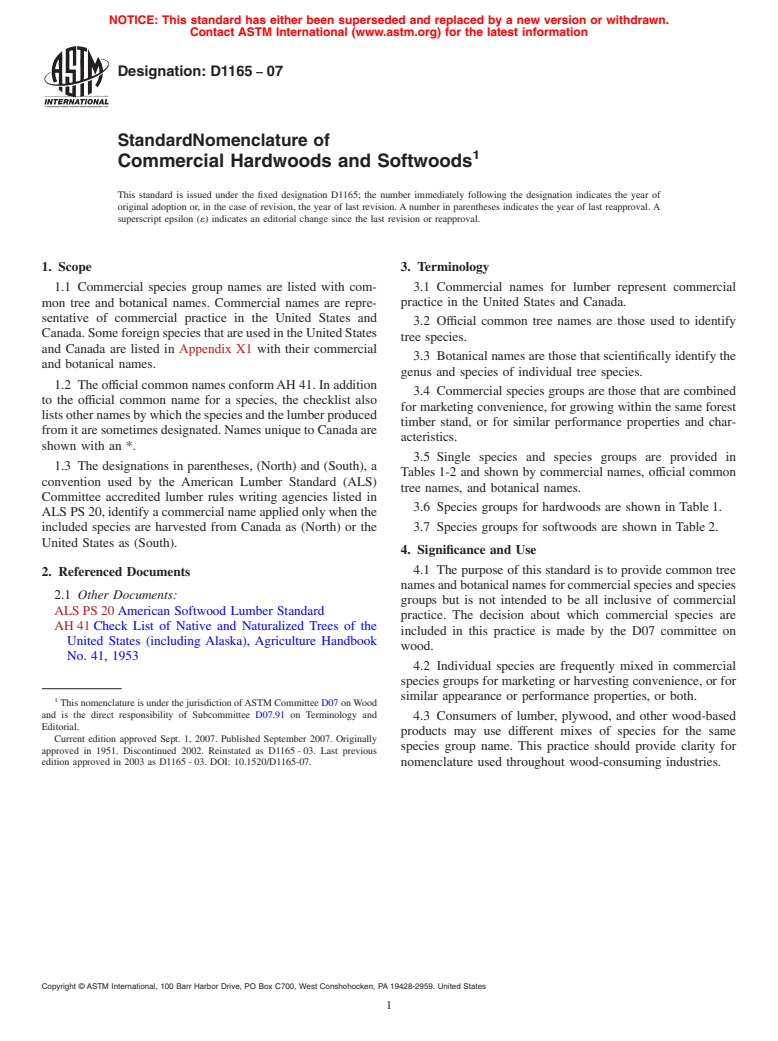 ASTM D1165-07 - Standard Nomenclature of Commercial Hardwoods and Softwoods