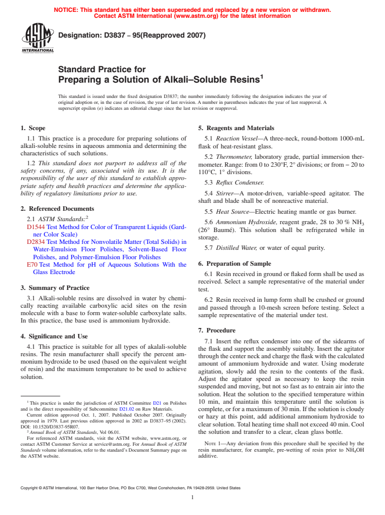 ASTM D3837-95(2007) - Standard Practice for Preparing a Solution of Alkali-Soluble Resins