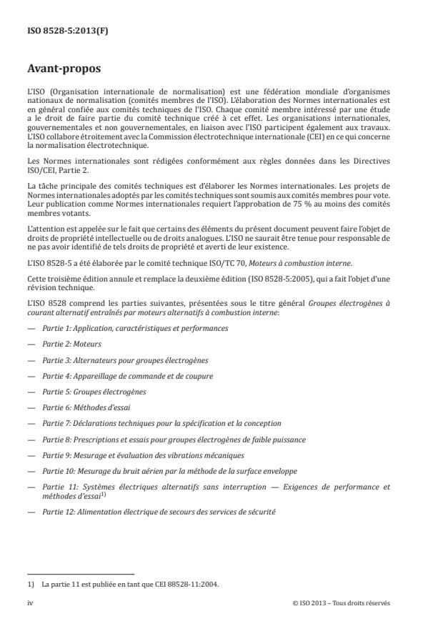 ISO 8528-5:2013 ISO 8528-5:2013 - Groupes électrogenes a courant alternatif entraînés par moteurs alternatifs a combustion interne - Page 4 preview