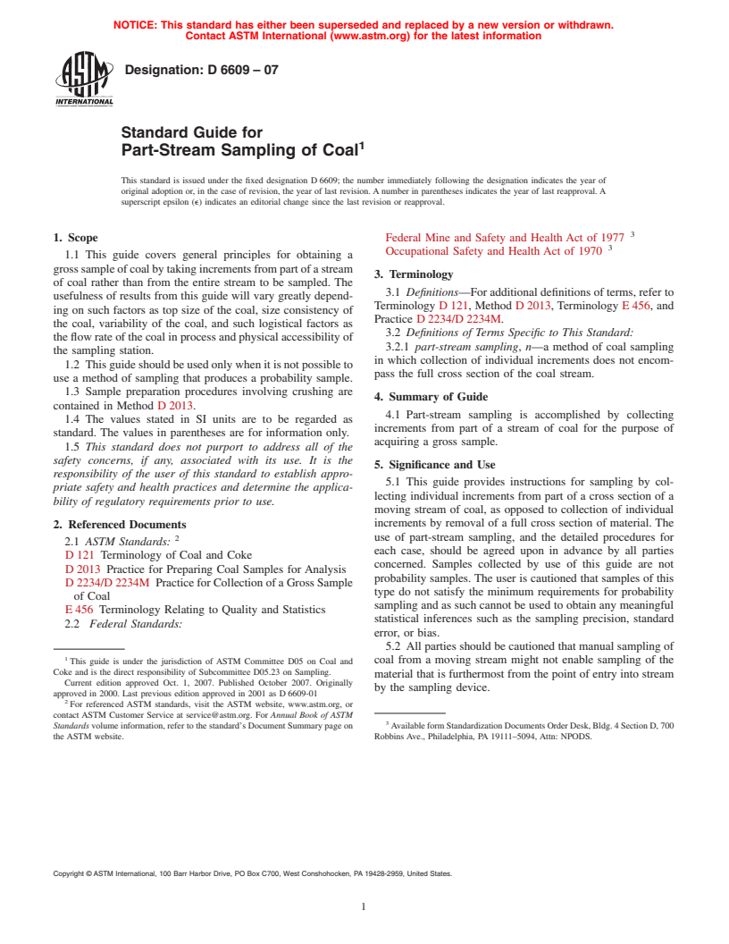 ASTM D6609-07 - Standard Guide for Part-Stream Sampling of Coal