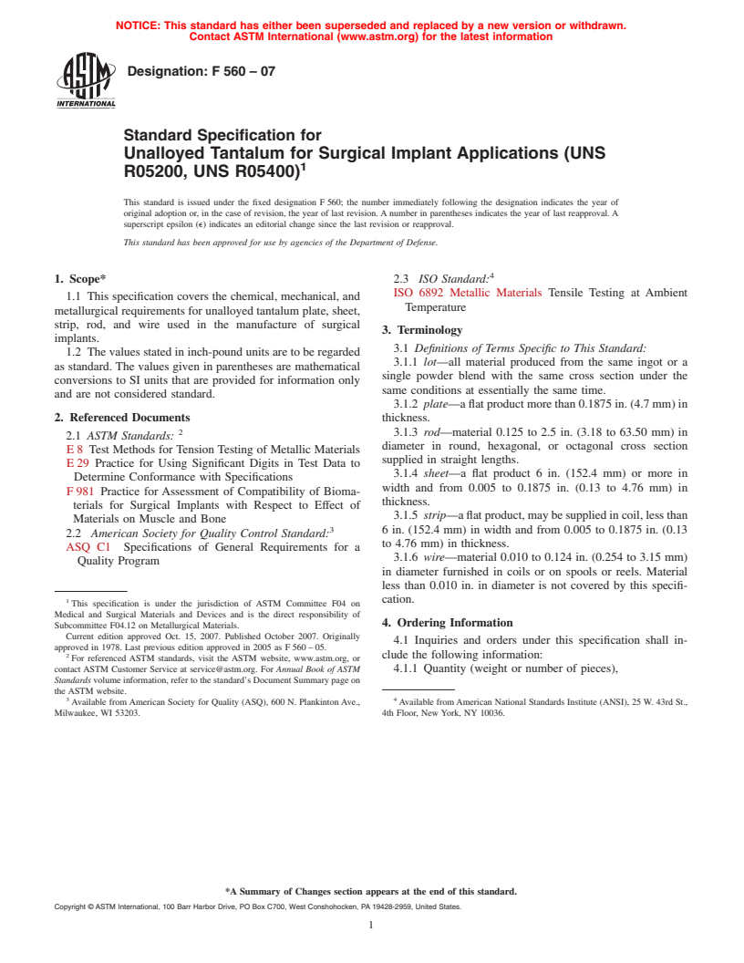 ASTM F560-07 - Standard Specification for Unalloyed Tantalum for Surgical Implant Applications (UNS R05200, UNS R05400)