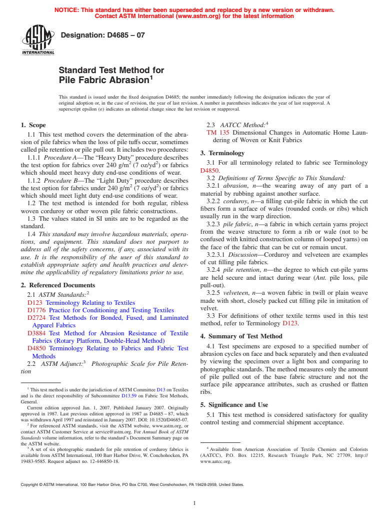 ASTM D4685-07 - Standard Test Method for Pile Fabric Abrasion