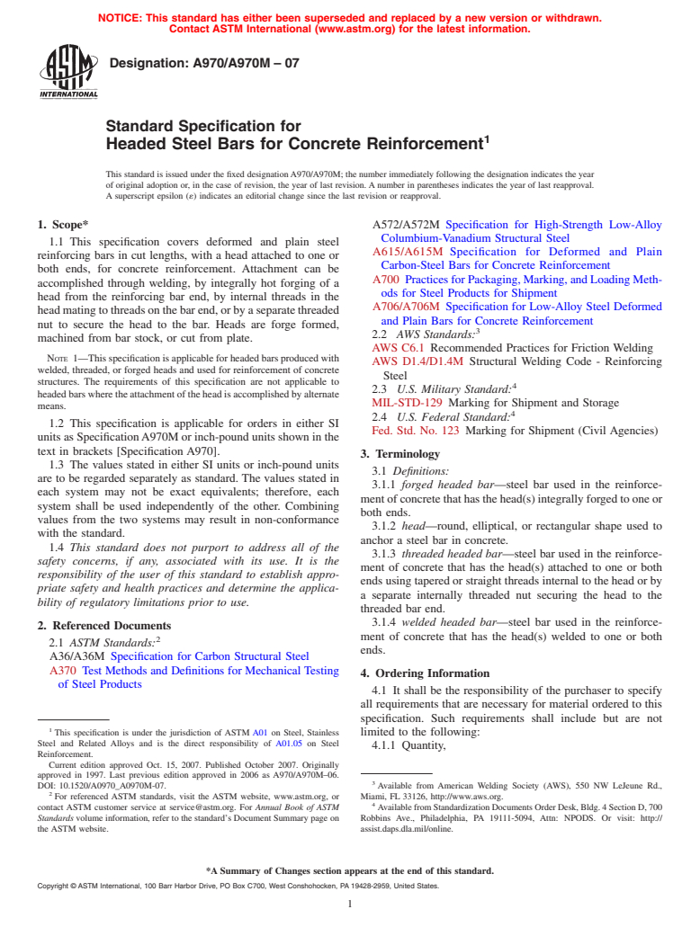 ASTM A970/A970M-07 - Standard Specification for Headed Steel Bars for Concrete Reinforcement