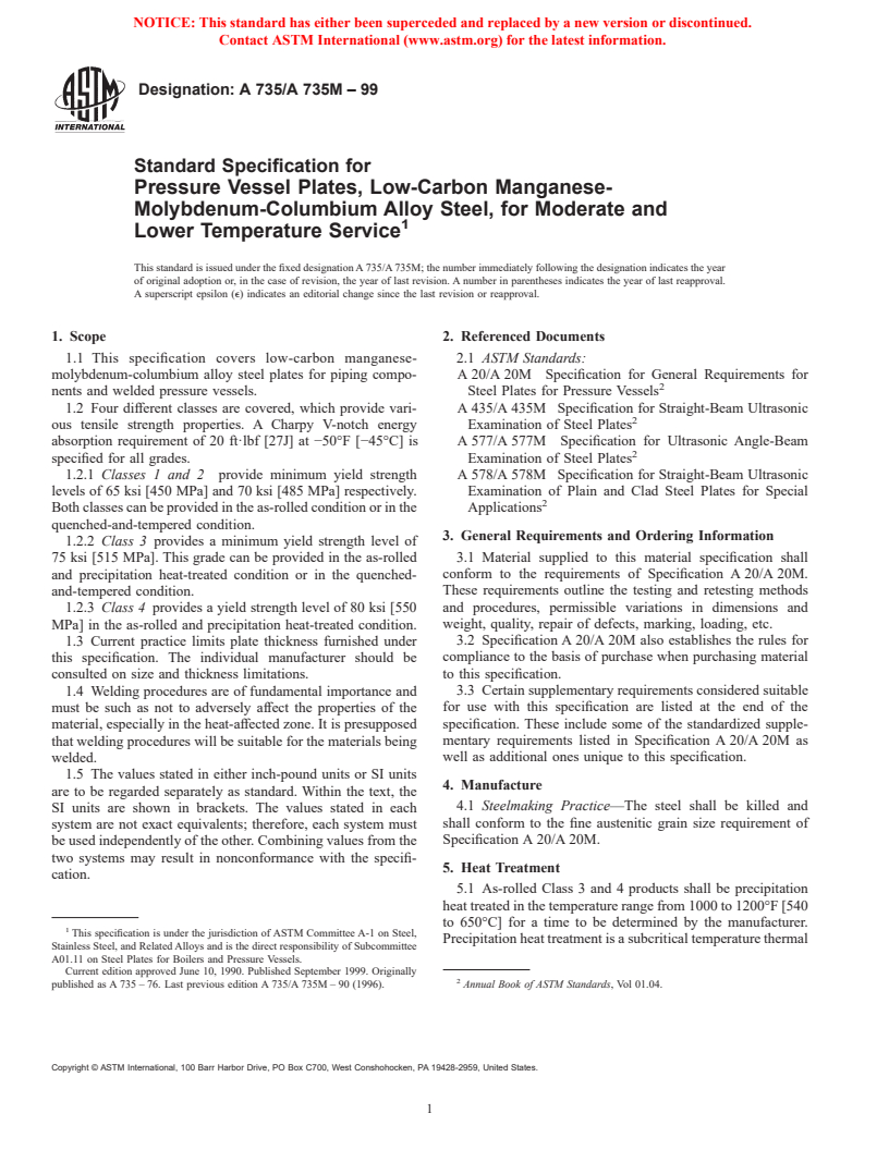 ASTM A735/A735M-99 - Standard Specification for Pressure Vessel Plates, Low-Carbon Manganese-Molybdenum-Columbium Alloy Steel, for Moderate and Lower Temperature Service