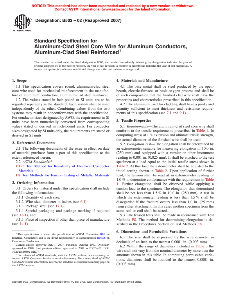 ASTM B502-02(2007) - Standard Specification for Aluminum-Clad Steel Core Wire for Aluminum Conductors, Aluminum-Clad Steel Reinforced