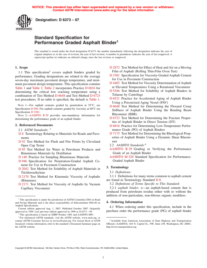 ASTM D6373-07 - Standard Specification for Performance Graded Asphalt Binder