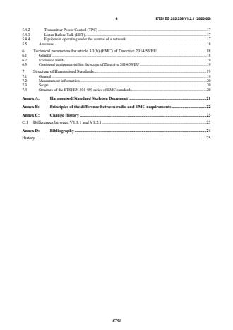 SIST-V ETSI/EG 203 336 V1.2.1:2020 ETSI EG 203 336 V1.2.1 (2020-05) - Guide for the selection of technical parameters for the production of Harmonised Standards covering article 3.1(b) and article 3.2 of Directive 2014/53/EU - Page 4 preview