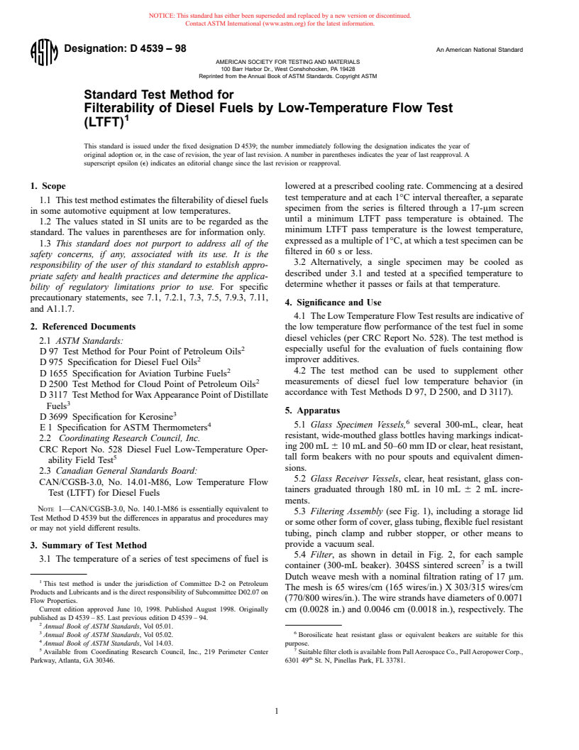 ASTM D4539-98 - Standard Test Method for Filterability of Diesel Fuels by Low-Temperature Flow Test (LTFT)