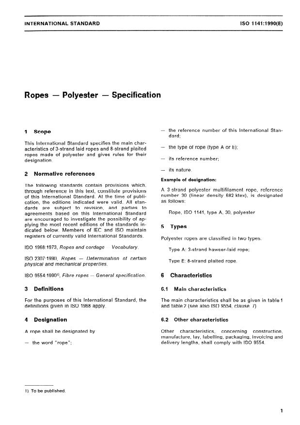 ISO 1141:1990 - Ropes -- Polyester -- Specification