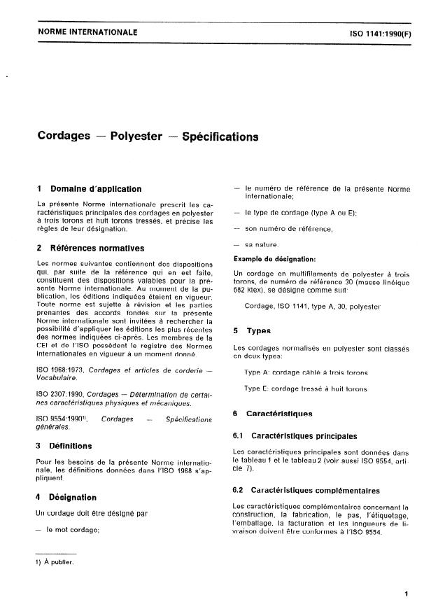 ISO 1141:1990 - Cordages -- Polyester -- Spécifications