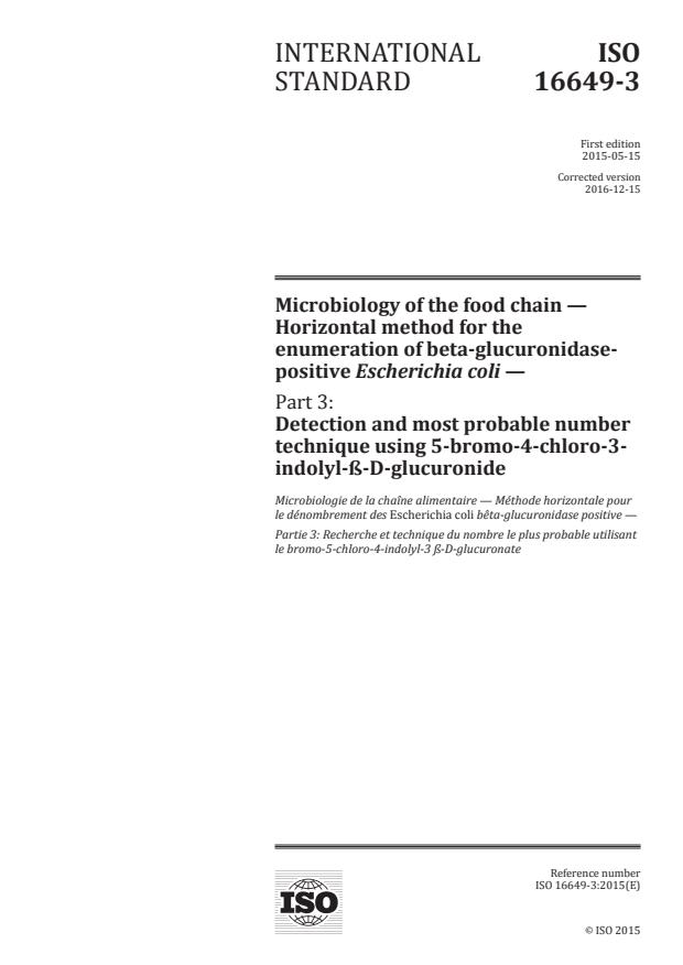 ISO 16649-3:2015 - Microbiology of the food chain -- Horizontal method for the enumeration of beta-glucuronidase-positive Escherichia coli