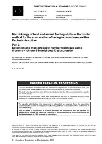 ISO 16649-3:2015 - Microbiology of the food chain -- Horizontal method for the enumeration of beta-glucuronidase-positive Escherichia coli