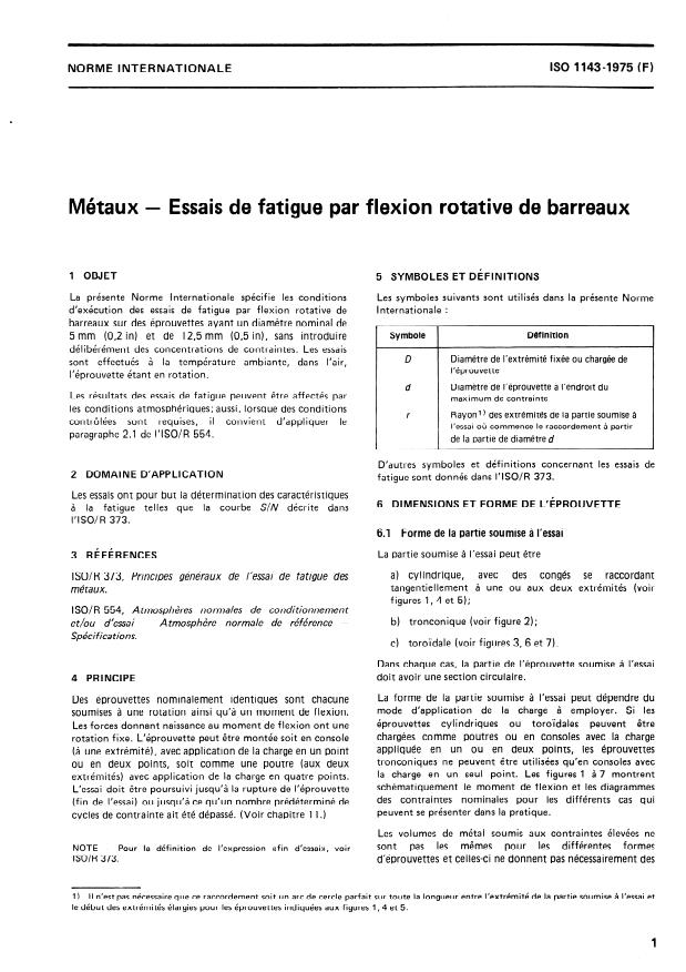 ISO 1143:1975 - Métaux -- Essais de fatigue par flexion rotative de barreaux