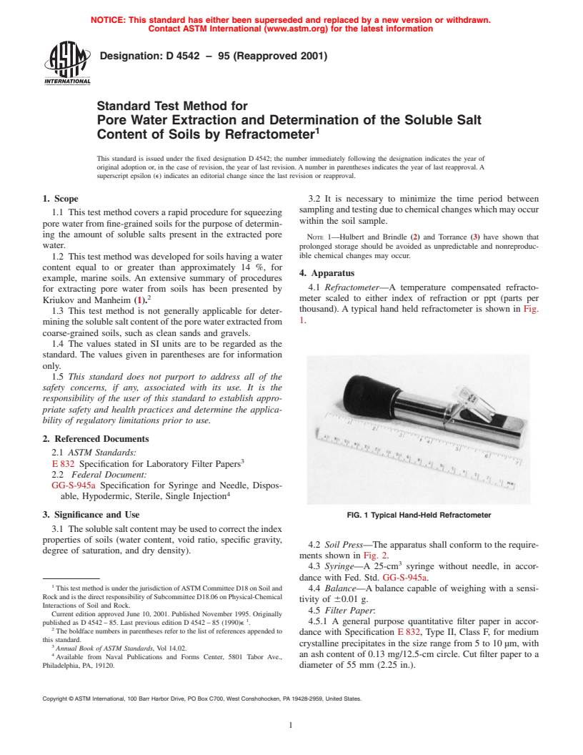 ASTM D4542-95(2001) - Standard Test Method for Pore Water Extraction and Determination of the Soluble Salt Content of Soils by Refractometer